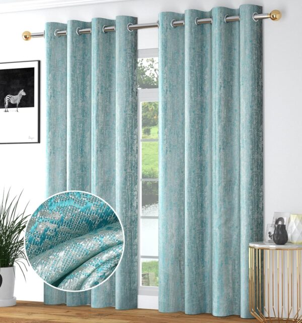 Aqua Blue Jacquard Blackout Jute Curtains for Living Room and Bedroom Decor