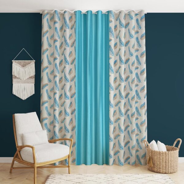 Aqua Blue Polyester Feather Printed Curtains Set for Living Room & Bedroom