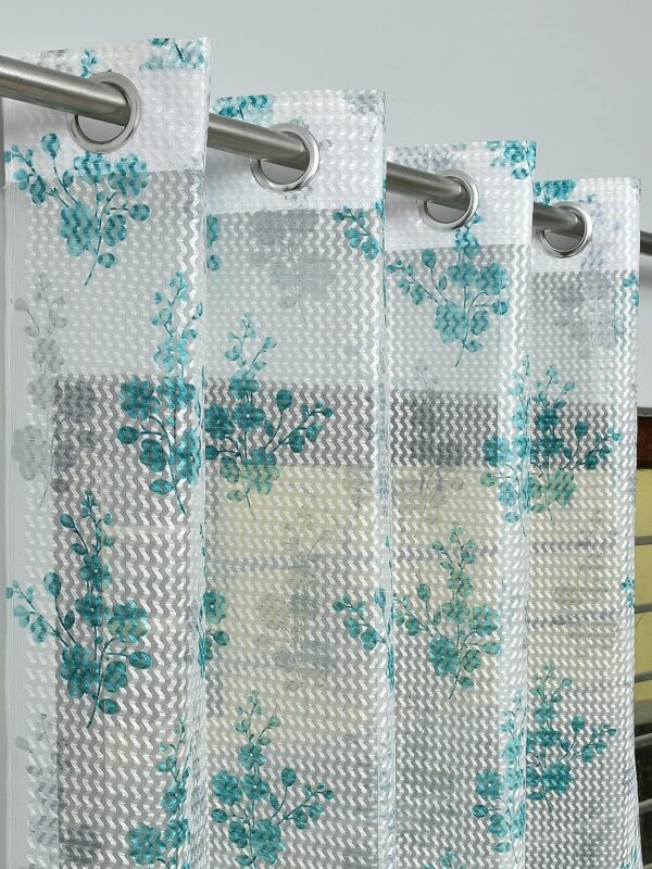 Aqua Tulsi Flower Printed Curtain - Elegant 8 Feet Net for Long Doors