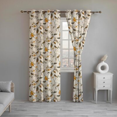 Bird Printed Semi Sheer Curtains for Elegant Living Room Decor – Set of 2