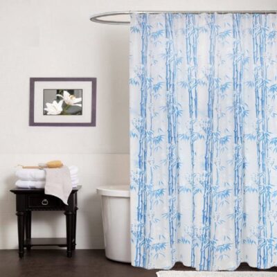 Blue PVC Printed Bamboo Shower Curtain with Hooks – 54 x 84 Inches