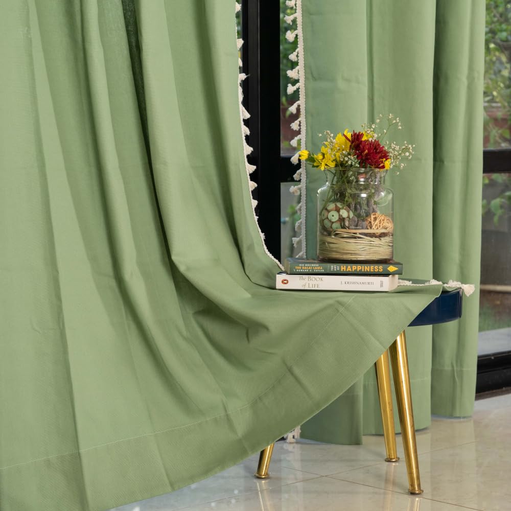 Elevate Your Space with Bohemian 100% Cotton Tassel Door Curtains in Aura Green