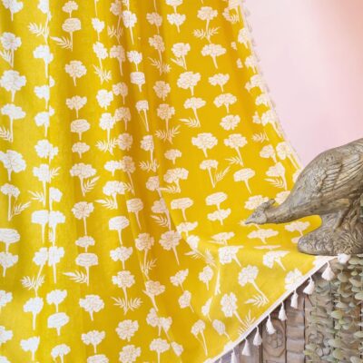 Bohemian Floral Print Room Darkening Curtains in Marigold Yellow for Doors