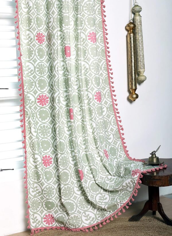 Bohemian Tasseled Cotton Curtains for Room Darkening - Mild Green & Pink