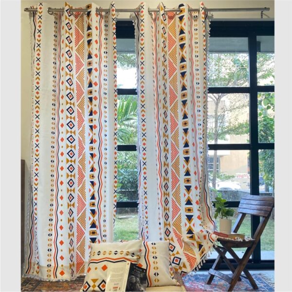 Boho 100% Cotton Curtains for Long Doors with Cushion Covers, Pack of 2