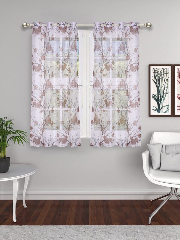 Coffee Color Floral Eyelet Window Curtains - Set of 2 Sheer Lightweight Drapes