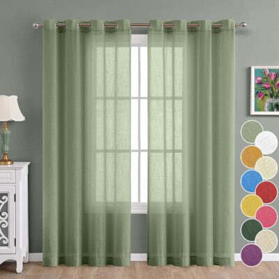 Cotton Linen Long Door Sheer Curtain Set in Avocado Green – 4.5×9 Feet