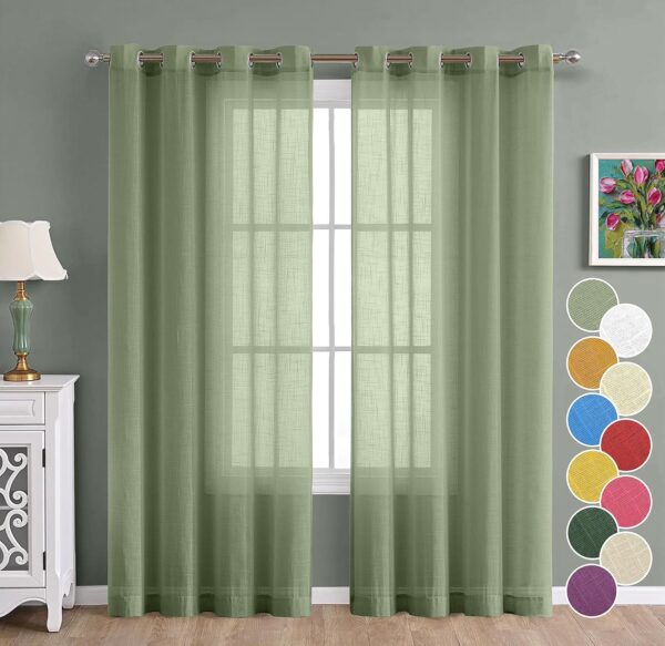 Cotton Linen Long Door Sheer Curtain Set in Avocado Green - 4.5x9 Feet