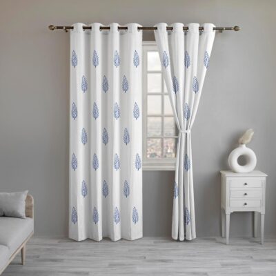 Cotton Linen Semi-Sheer Curtains for Stylish Living Room Decor in Blue Leaf