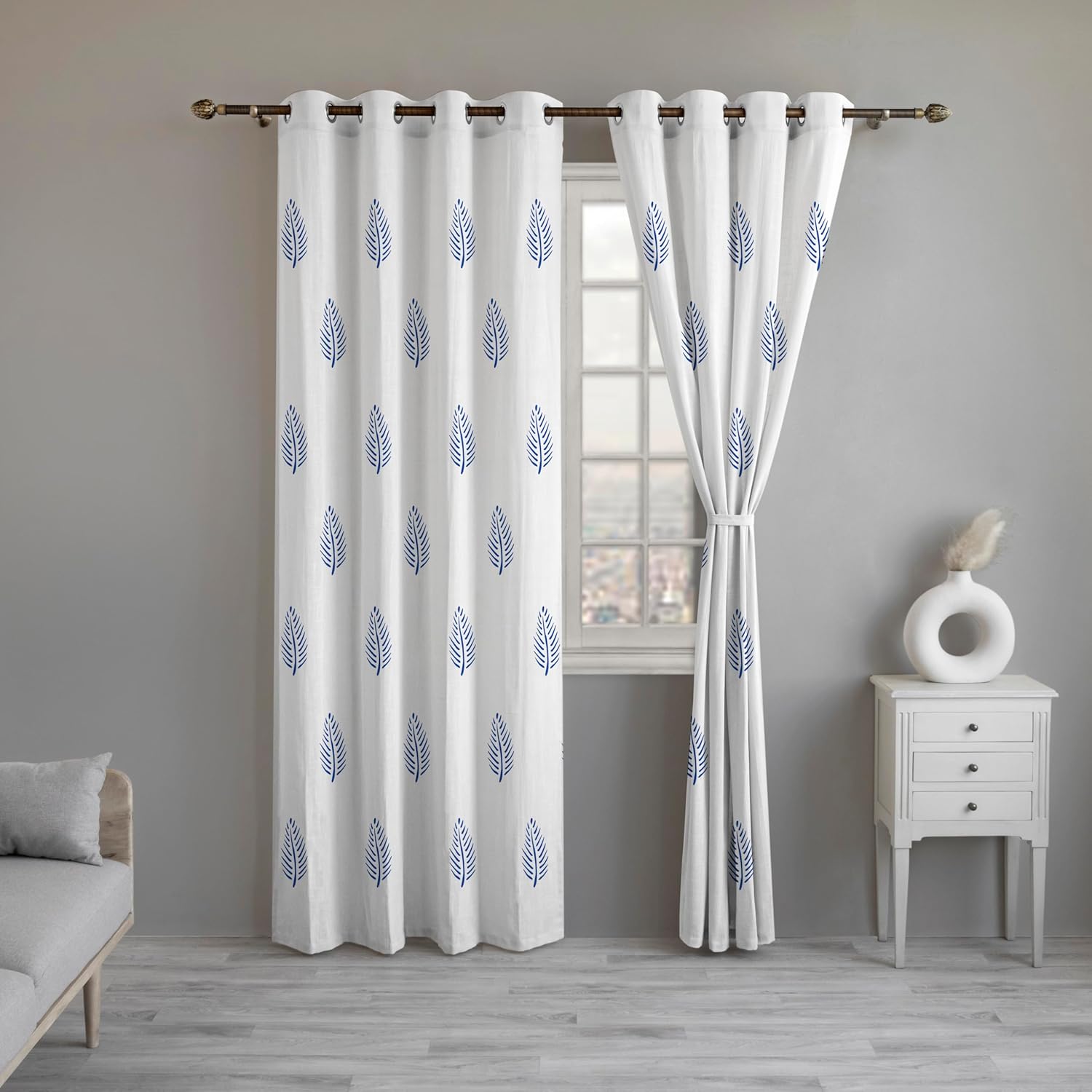 Transform Your Living Room with Blue Leaf Cotton Linen Curtains