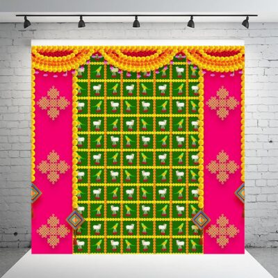 Dhara Cow and Parrot Pink Backdrop Cloth for Festive Pooja Decoration