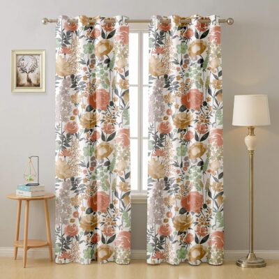 Elegant Blackout Door Curtains Set with White Roses – 7 Feet Long