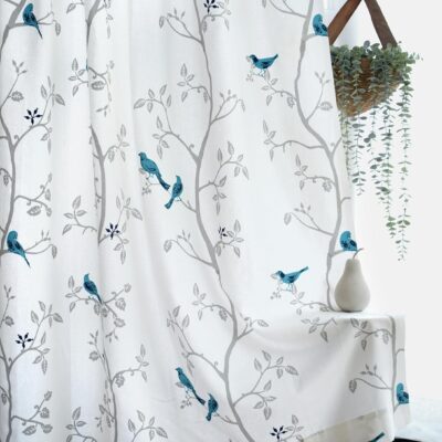 Elegant Blue Bird Print Cotton Curtains for Room Darkening and Light Filtering