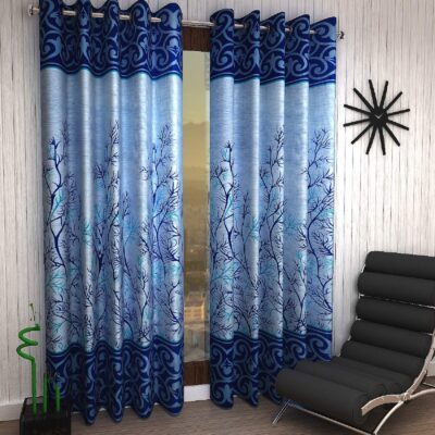 Elegant Blue Eyelet Door Curtains – 2 Piece, 7 Feet Polyester Panels