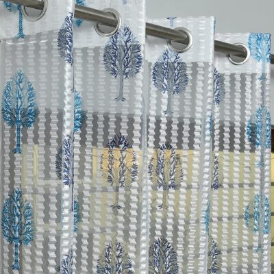 Elegant Blue Tree Printed Tissue Net Curtain for 9 Feet Long Doors