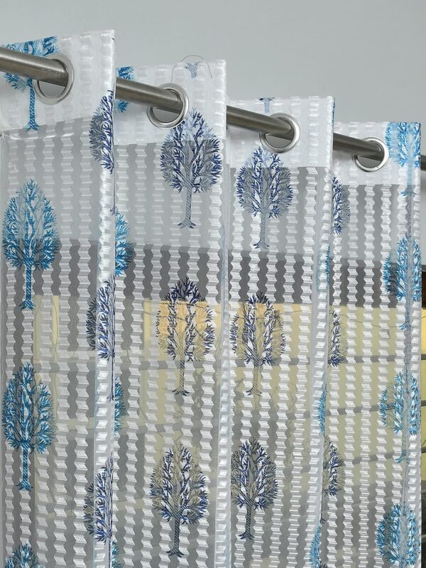 Elegant Blue Tree Printed Tissue Net Curtain for 9 Feet Long Doors