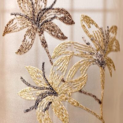 Elegant Brown & Golden Embroidered Linen Curtains with Flower Design – Pack of 2