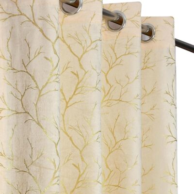 Elegant Cream Velvet Grommet Curtains with Foil Leaf Print for Windows