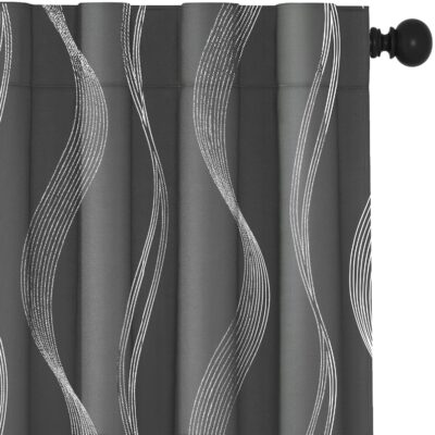 Elegant Dark Grey Blackout Curtains with Silver Curved Wave Pattern for Home