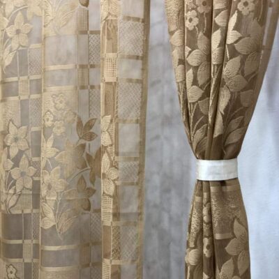 Elegant Floral Eyelet Curtains – Brown Semi Sheer Grommet Drapes for Doors