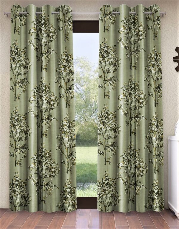 Elegant Floral Eyelet Door Curtains: 7 Feet Green Polyester Set