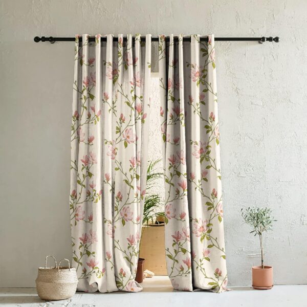 Elegant Floral Pink Semi-Sheer Room Darkening Grommet Curtain Set of 2