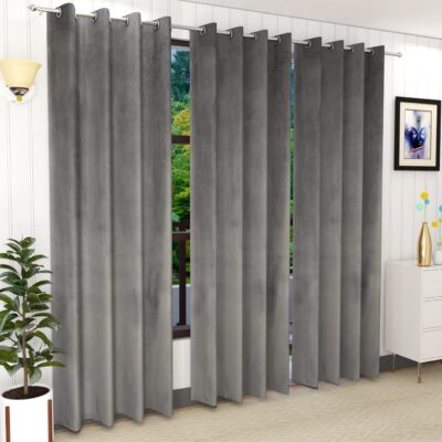 Elegant Gray Velvet Semi Blackout Curtains for 9 Feet Long Doors – Set of 3