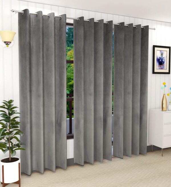 Elegant Gray Velvet Semi Blackout Curtains for 9 Feet Long Doors - Set of 3