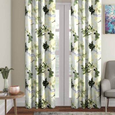 Elegant Green 3D Flower Eyelet Door Curtains – 7 Feet Polyester Set