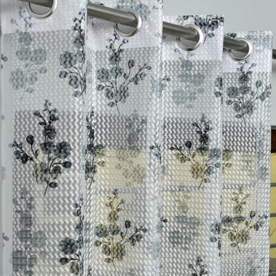 Elegant Grey Tulsi Flower Printed Tissue Net Curtain for 7 Feet Door