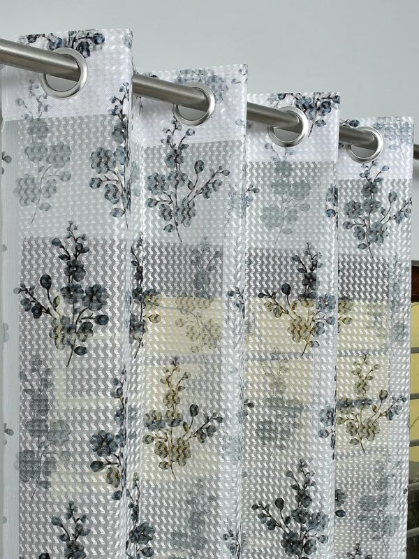 Elegant Grey Tulsi Flower Printed Tissue Net Curtain for 7 Feet Door