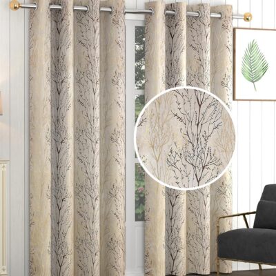 Elegant Leafy Twig Jacquard Fabric Curtains for Doors – 7 Feet, Pack of 2