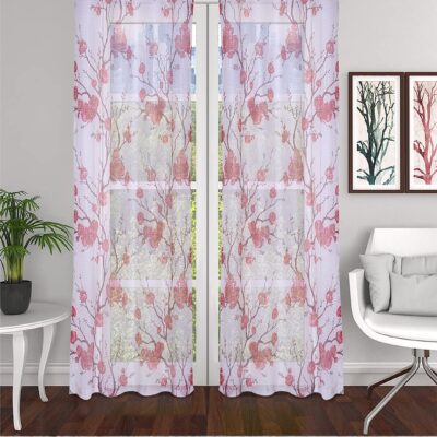 Elegant Maroon Floral Eyelet Long Door Curtains – Set of 2 Sheer Fabric