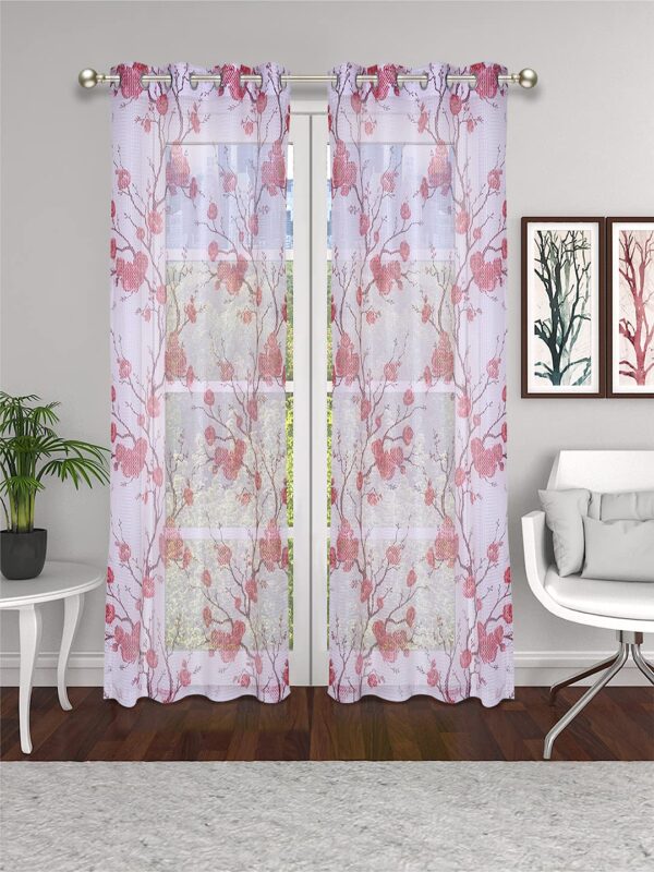 Elegant Maroon Floral Eyelet Long Door Curtains - Set of 2 Sheer Fabric