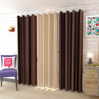 Elegant Polyester Eyelet Curtains Set – Brown and Cream 8 Feet Long