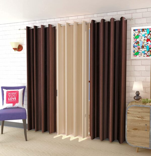 Elegant Polyester Eyelet Curtains Set - Brown and Cream 8 Feet Long