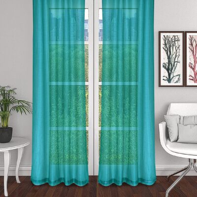 Elegant Turquoise Sheer Eyelet Door Curtains – Set of 2 Premium Fabric