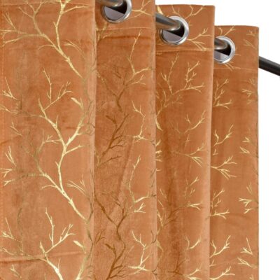 Elegant Velvet Room Darkening Curtains with Golden Foil Tree Design – Set of 4