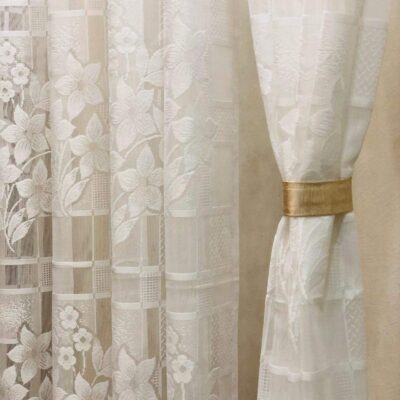 Elegant White Floral Design Curtains – Set of 2, 9 Feet Long