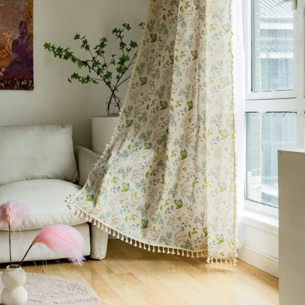 HUESLAND Green Leaf Floral Cotton Curtains for Doors - 7 Feet Long