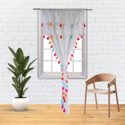 Handmade Boho Snow White Tassel Curtain – 7 Feet Single Piece Decor