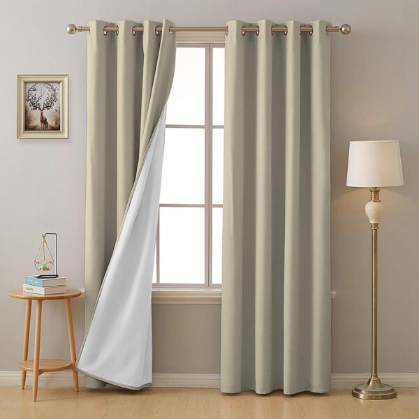 Heavy Polyester Blackout Curtains Set: Insulated Noise-Reducing 7FT Sand Beige Drapes