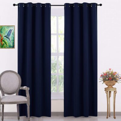 JUPON Indigo Navy Silk Blackout Curtain: Energy Saving Thermal Insulation Draperies