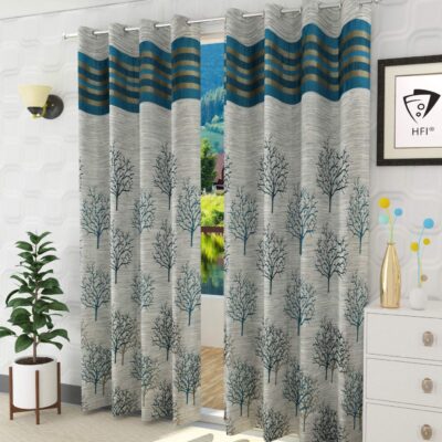 Jacquard Blackout Jute Floral Curtains – Elegant Blue Eyelet Design for Home