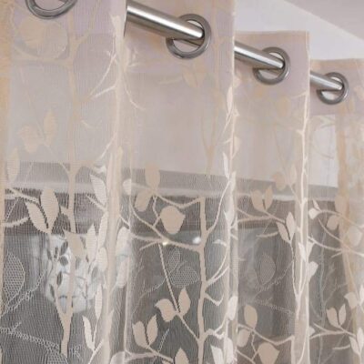 Lightweight Cream Sheer Net Curtains with Leaf Print for Living Room Windows