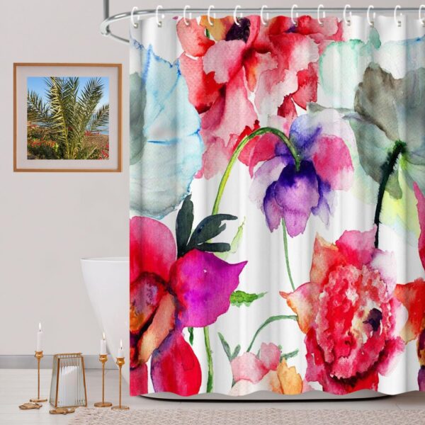 Livilan Aesthetic Shower Curtain Set with Abstract Watercolor Flower Design