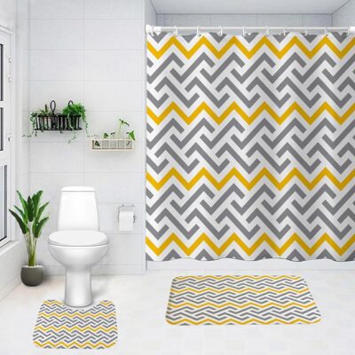 Mellow Waves Bathroom Set: Non-Slip Shower Curtain & Mat for Comfort