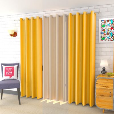 Modern Solid Crush Long Door Curtains Set of 3 in Yellow and Cream