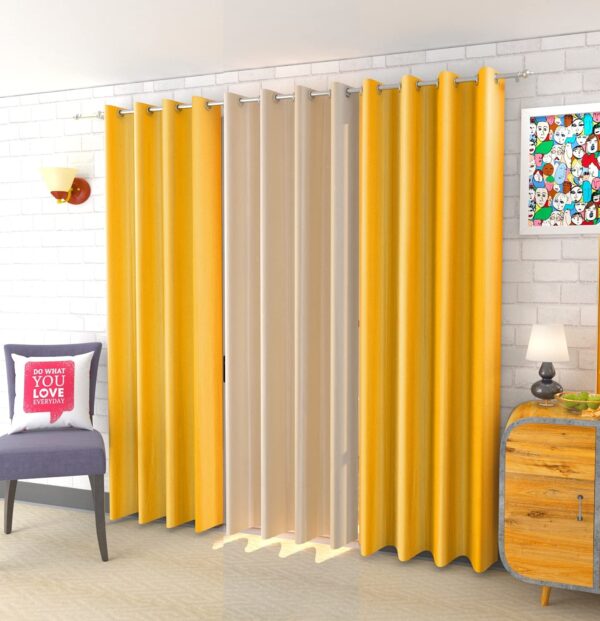 Modern Solid Crush Long Door Curtains Set of 3 in Yellow and Cream