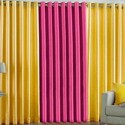 Polyresin Abstract Grommet Curtains in Yellow and Pink – 9 Feet, Set of 3